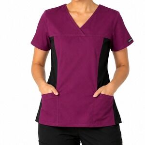 *NWT* Cherokee Flexibles Scrub Top Women Small Wine Black V-Neck